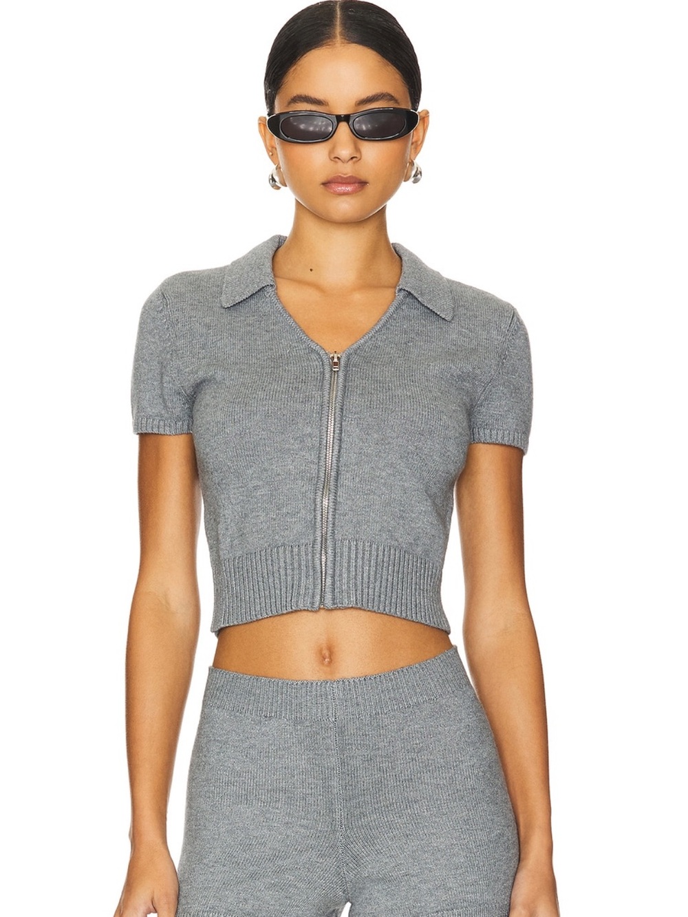Revolve Danielle Guizio Gray Cropped Zip Polo Knit Top - Size Small